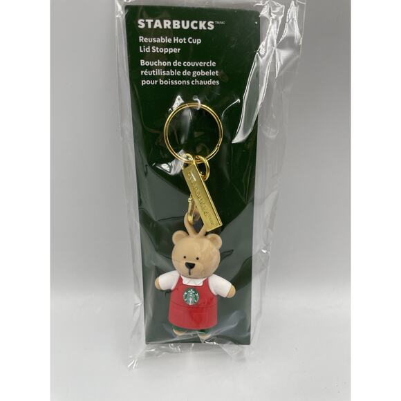 STARBUCKS Reusable Hot Cup Lid Stopper Christmas BEAR 2025 Keychain HTF - Picture 1 of 3